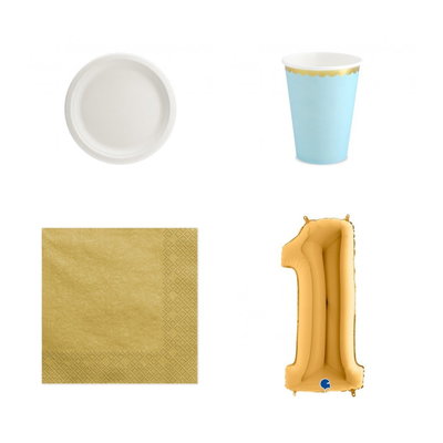 11-årskalas, Ljusblått och guld, kalaspaket, 6 gäster – paketets produkter med sifferballong 100 cm