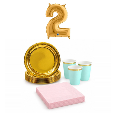 2-årskalas, Mint, rosa och guld, kalaspaket, 6 gäster – sammansatt bild av paketets produkter