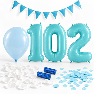 102-års festpaket, Blått, Stor – paketets dekorationer på vit bakgrund