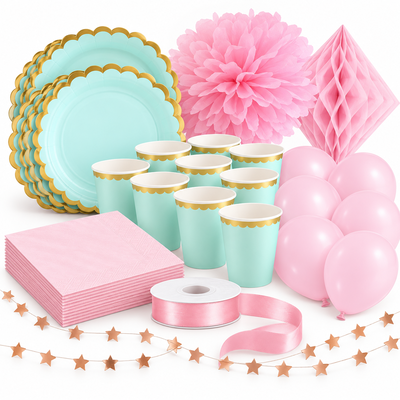 Dop flicka – mint och rosa – fika och dekorationer, 12 gäster – samlat paketinnehåll