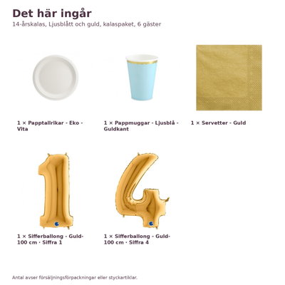 14-årskalas, Ljusblått och guld, kalaspaket, 6 gäster – innehåll och antal, sifferballong 100 cm