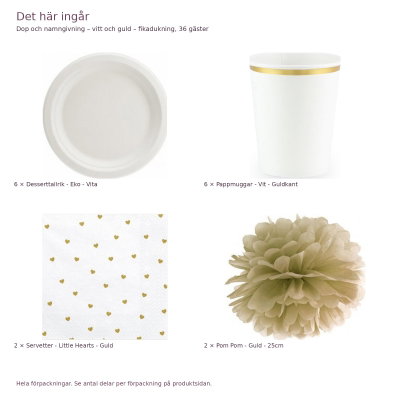 Dop och namngivning – vitt och guld – fikadukning, 36 gäster – innehåll och antal förpackningar