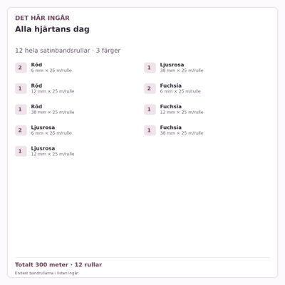 Det här ingår – Satinbandspaket – Alla hjärtans dag – 12 rullar