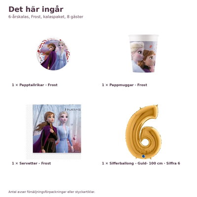 6-årskalas, Frost, kalaspaket, 8 gäster – innehåll och antal, sifferballong 100 cm