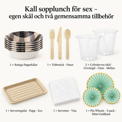 Kall sopplunch för sex – egen skål och två gemensamma tillbehör – innehåll och antal försäljningsförpackningar