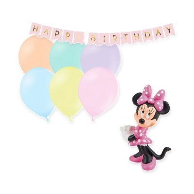 Mimmi Pigg / Minnie Mouse, dekorationspaket med tårtfigur och ballonger – samlat paketinnehåll