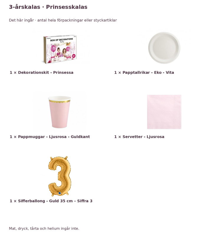 3-årskalas, Prinsesskalas, kalaspaket, 6 gäster – innehåll och antal förpackningar