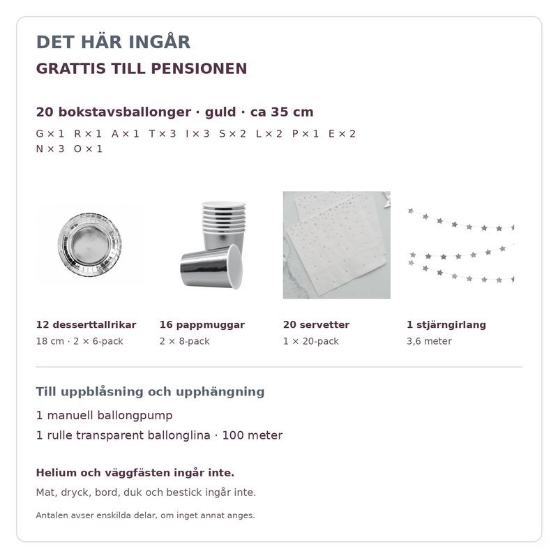 Innehåll och exakta antal – GRATTIS TILL PENSIONEN, 35 cm bokstäver och dukning för 12
