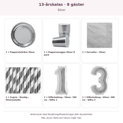 13-årskalas, Silver, kalaspaket, 8 gäster – innehåll och antal förpackningar