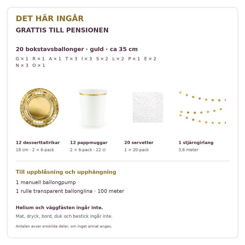 Innehåll och exakta antal – GRATTIS TILL PENSIONEN, 35 cm bokstäver och dukning för 12