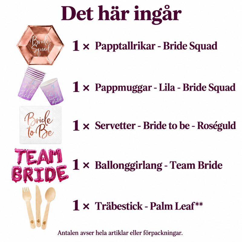 Det här ingår – Bride Squad-middag för sex – rosé och lila
