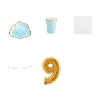 9-årskalas, Pyjamasparty – moln och stjärnor, kalaspaket, 6 gäster – paketets produkter med sifferballong 100 cm