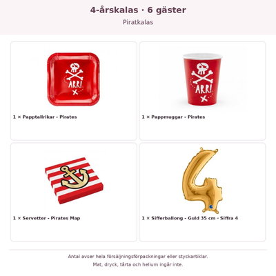 4-årskalas, Piratkalas, kalaspaket, 6 gäster – innehåll och antal förpackningar