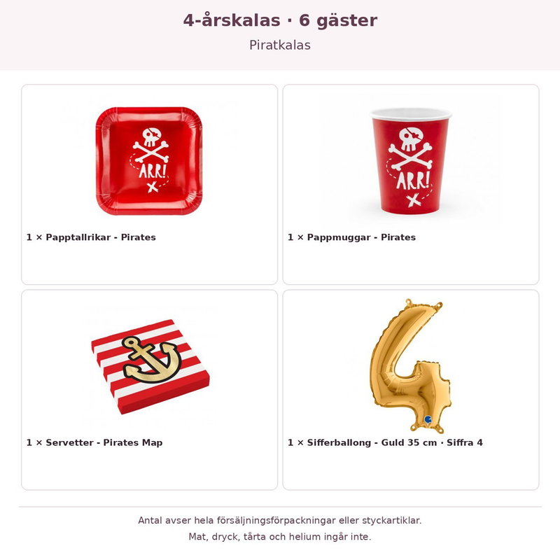 4-årskalas, Piratkalas, kalaspaket, 6 gäster – innehåll och antal förpackningar