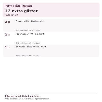Dop – guld och vitt – kompletteringspaket, 12 extra gäster – innehåll och antal