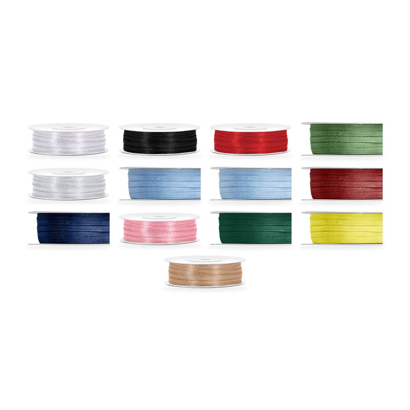Satinbandspaket – Färgsortiment 3 mm – 13 rullar – hela paketet