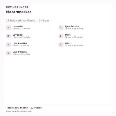 Det här ingår – Satinbandspaket – Macaronaskar – 12 rullar