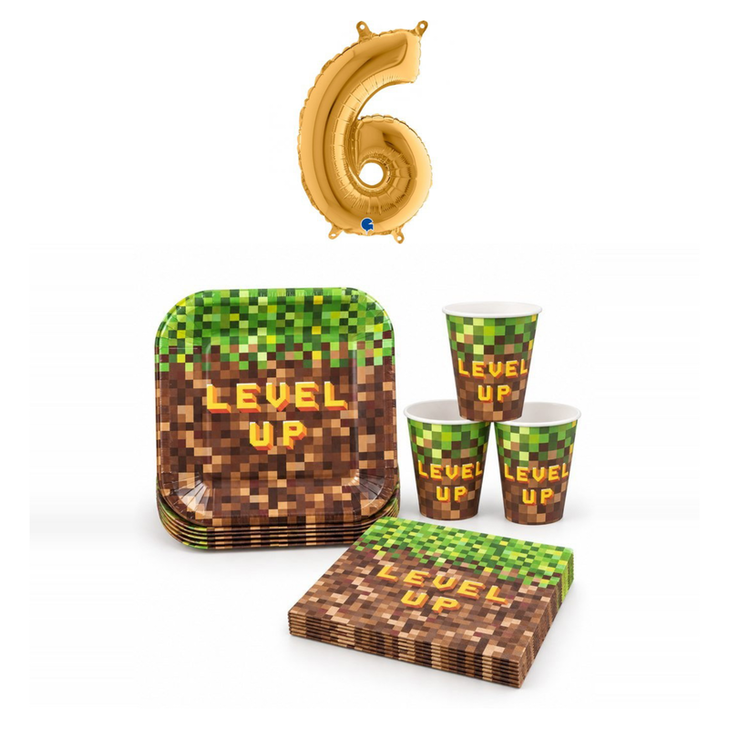 6-årskalas, Gamingkalas i pixeltema, kalaspaket, 8 gäster – sammansatt bild av paketets produkter