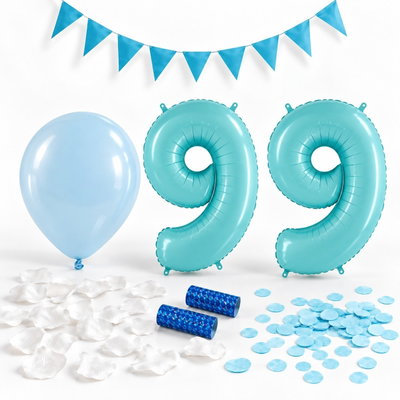99-års festpaket, Blått, Stor – paketets dekorationer på vit bakgrund
