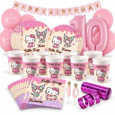 Hello Kitty & Kuromi – 10-årskalas – kalaspaket för 8 gäster – paketets produkter