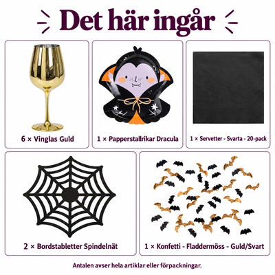 Det här ingår: Draculas aperitif för sex – guldglas och mörk plockdukning