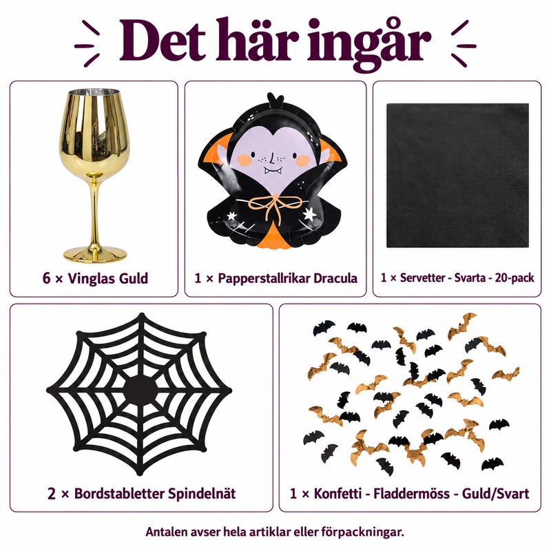 Det här ingår: Draculas aperitif för sex – guldglas och mörk plockdukning