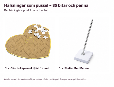 Innehåll och antal: Hälsningar som pussel – 85 bitar och penna