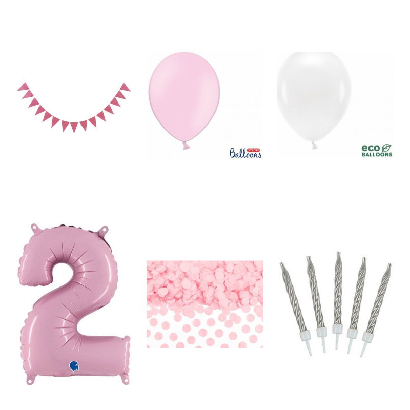 2-årskalas, dekorationspaket, Rosa – översikt av ingående produkttyper
