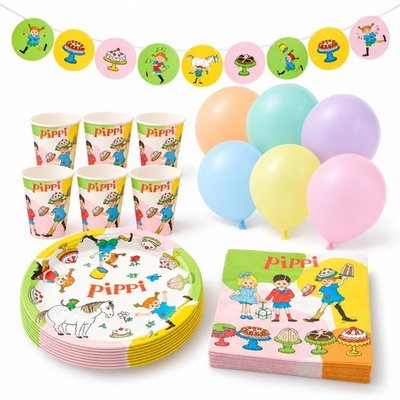 Pippi Långstrump, kalaspaket med dekorationer, 16 gäster