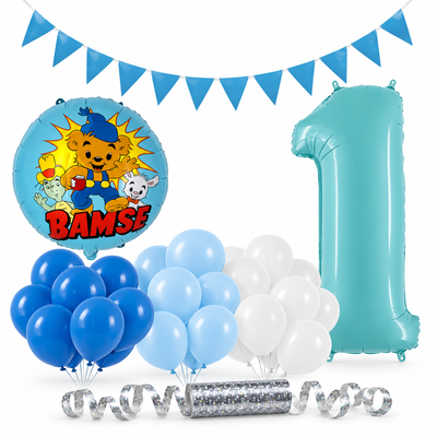Bamse 1 år – dekorationspaket Blå – paketets produkter