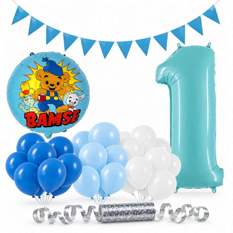 Bamse 1 år – dekorationspaket Blå – paketets produkter