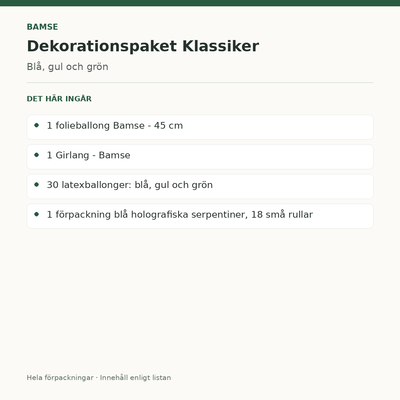 Bamse – dekorationspaket Klassiker – innehåll och antal