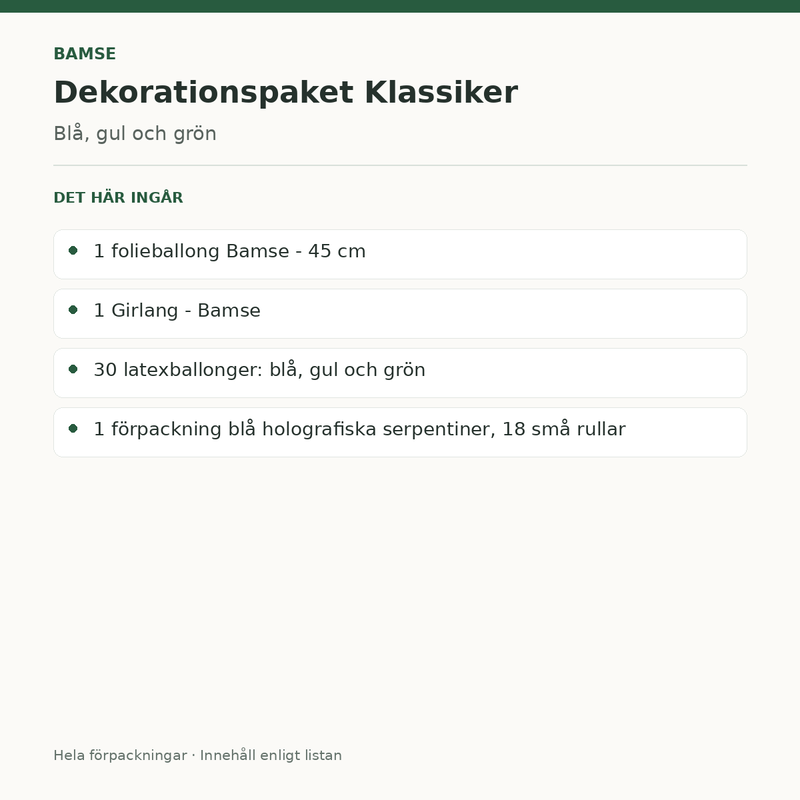 Bamse – dekorationspaket Klassiker – innehåll och antal