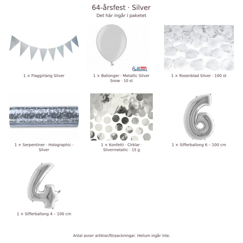 64-års festpaket, Silver, Stor – innehåll och antal förpackningar