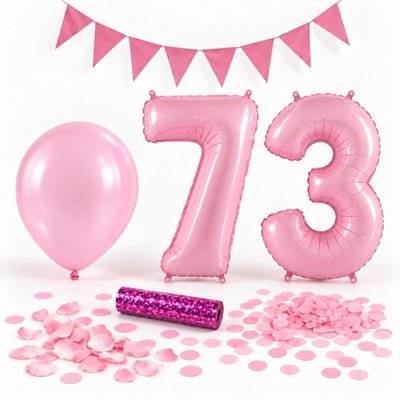 73-års festpaket, Rosa, Stor – paketets dekorationer på vit bakgrund
