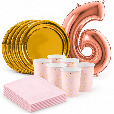 6-årskalas, Rosa och guld, kalaspaket, 6 gäster – samlat paketinnehåll