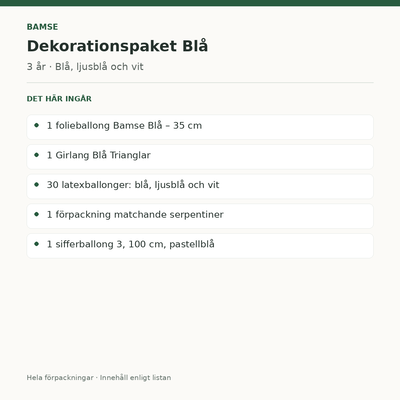 Bamse 3 år – dekorationspaket Blå – innehåll och antal