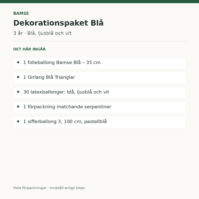 Bamse 3 år – dekorationspaket Blå – innehåll och antal