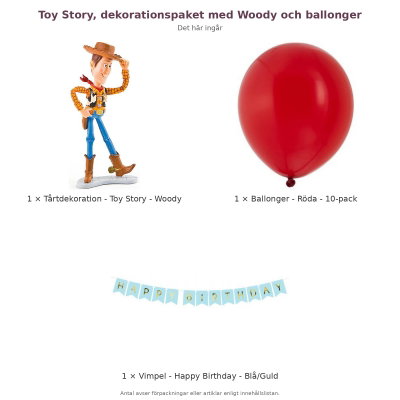 Toy Story, dekorationspaket med Woody och ballonger – innehåll och antal förpackningar