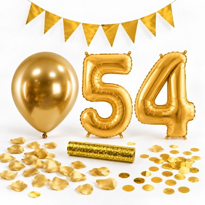 54-års festpaket, Guld, Stor – paketets dekorationer på vit bakgrund
