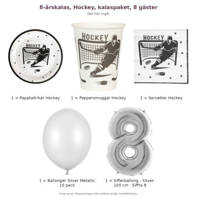 8-årskalas, Hockey, kalaspaket, 8 gäster – innehåll och antal förpackningar