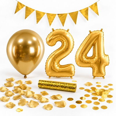 24-års festpaket, Guld, Stor – paketets dekorationer på vit bakgrund