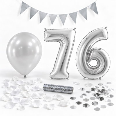 76-års festpaket, Silver, Stor – paketets dekorationer på vit bakgrund