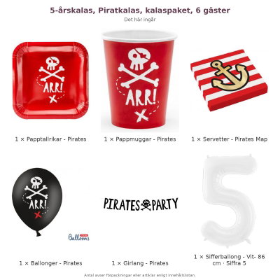 5-årskalas, Piratkalas, kalaspaket, 6 gäster – innehåll och antal förpackningar