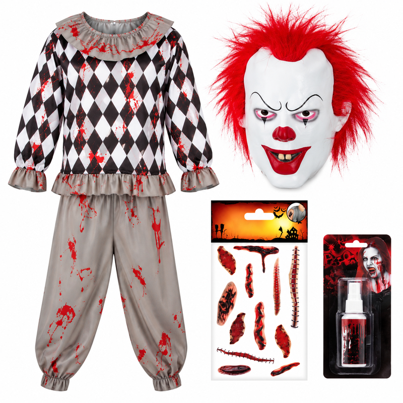 Blodig clown – vuxendräkt, mask och sår på händerna