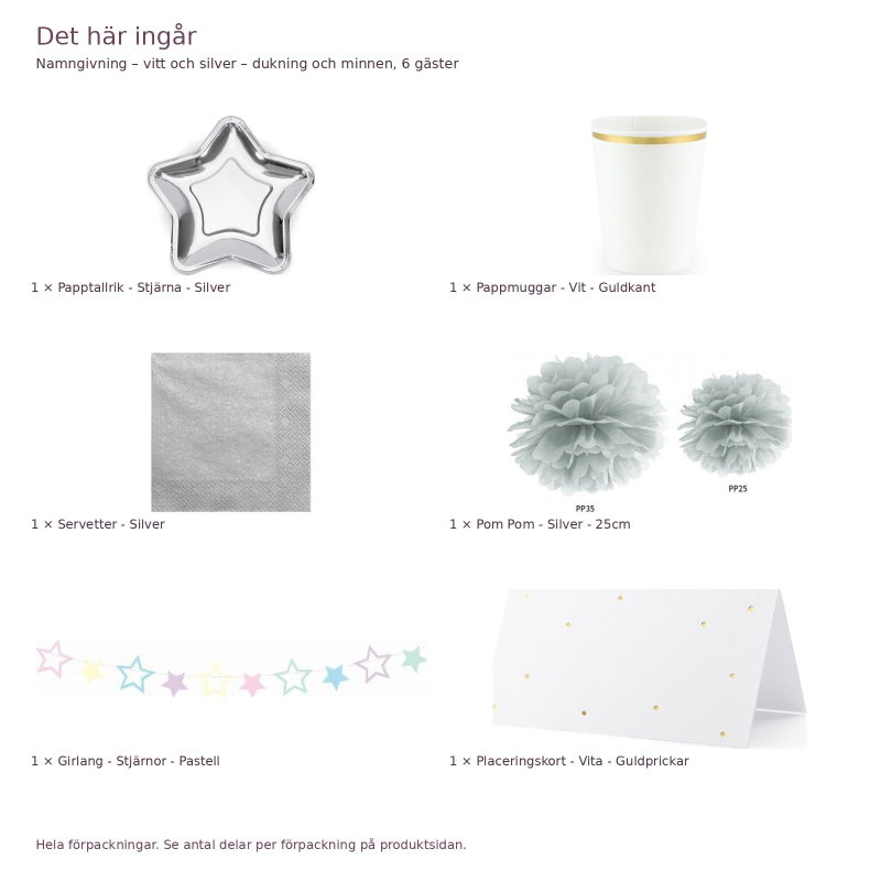 Namngivning – vitt och silver – dukning och minnen, 6 gäster – innehåll och antal förpackningar