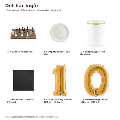 10-årskalas, Schackkalas, kalaspaket, 6 gäster – innehåll och antal, sifferballong 100 cm