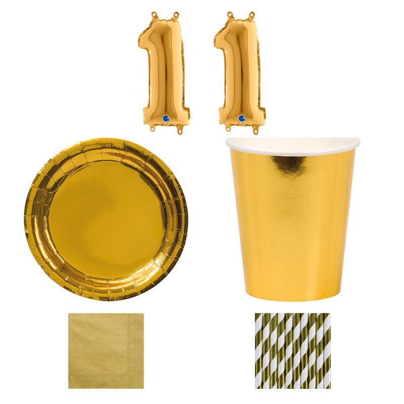 11-årskalas, Guld, kalaspaket, 8 gäster – sammansatt bild av paketets produkter