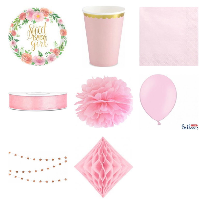 Dop flicka – floral och rosa – fika och dekorationer, 6 gäster – produktöversikt