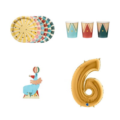 6-årskalas, Cirkus, kalaspaket, 6 gäster – paketets produkter med sifferballong 100 cm